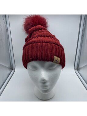 Lorome Red Pom Pom Beanie Hat Women's Knit Stocking Cap Winter